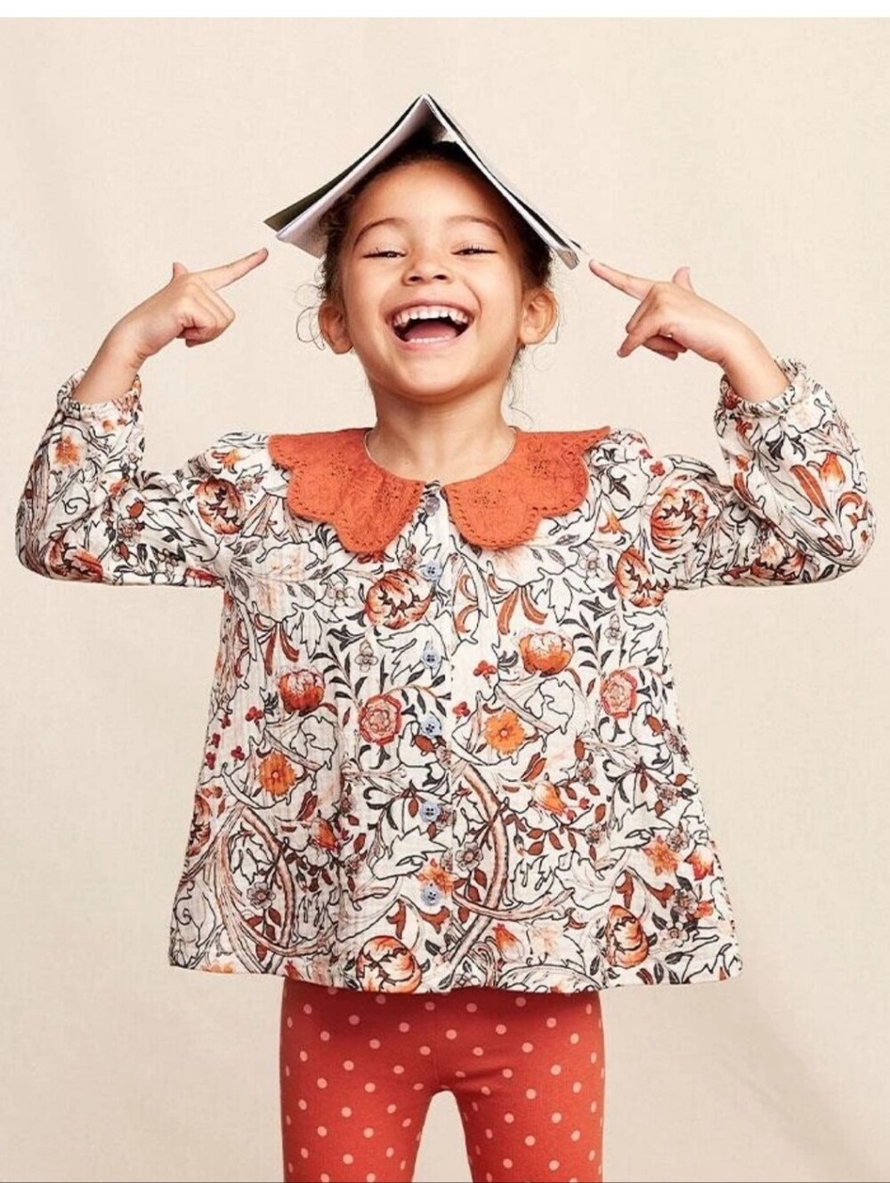 Girls Matilda Jane Floral Top 6 with Orange Scalloped Collar, Blue Buttons